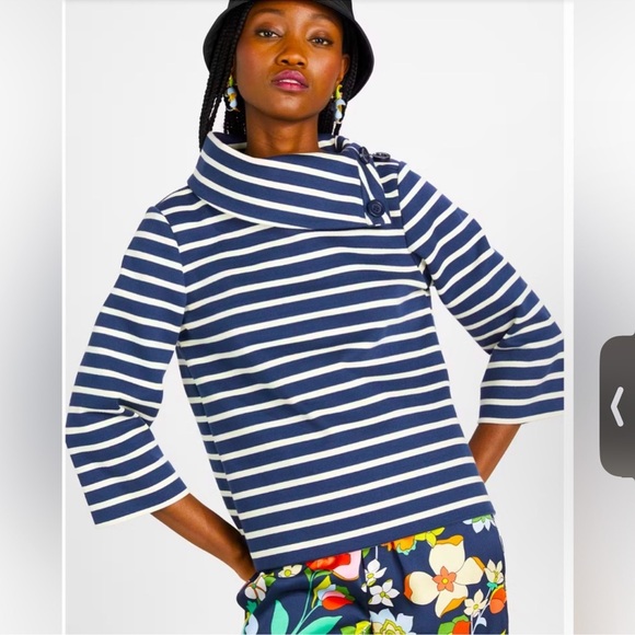 NWT Kate Spade Mainline Navy Blue and White‎ Striped Top Size Medium - Picture 1 of 12